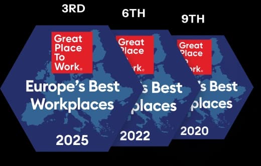 Great Place to Work Europe badges - third place in 2025