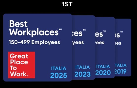 Great Place to Work Italy badges - first place in 2025, 2023, 2020, and 2019